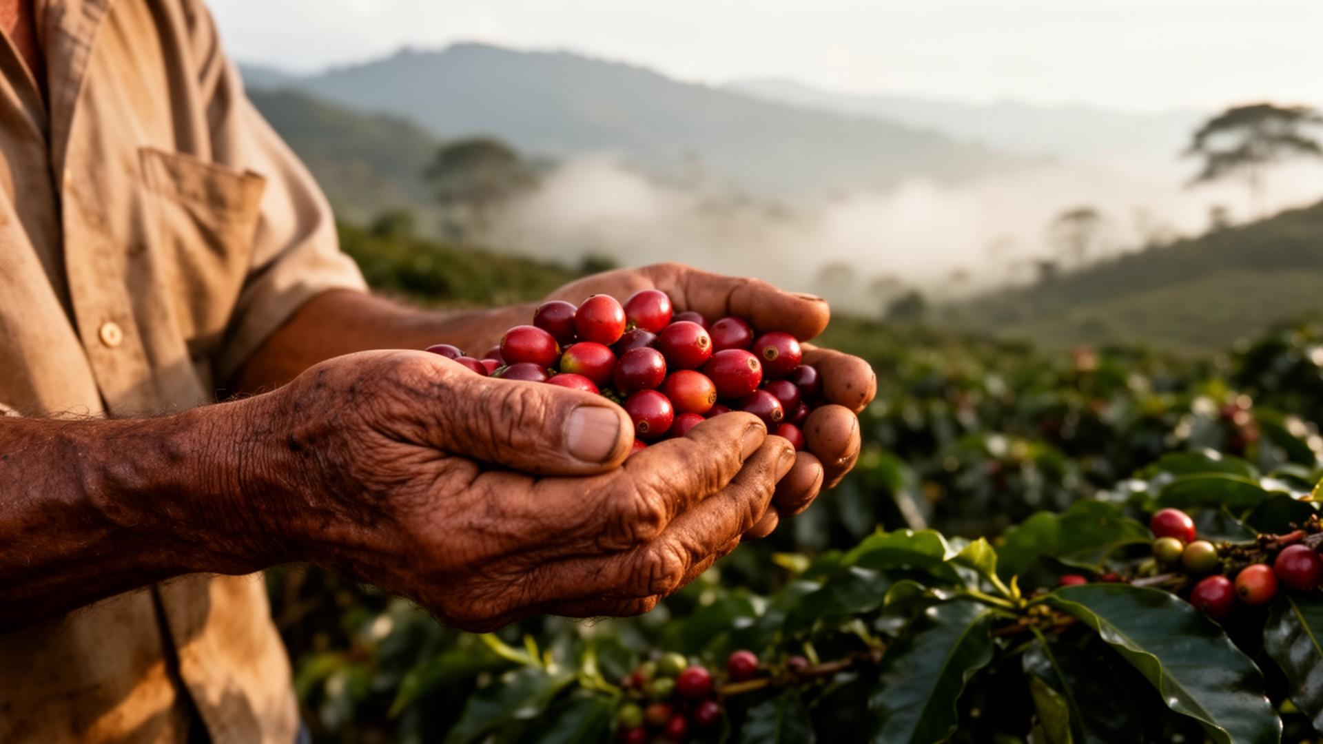 Hands of a Colombian coffee farmer cradling fresh coffee cherries at sunrise