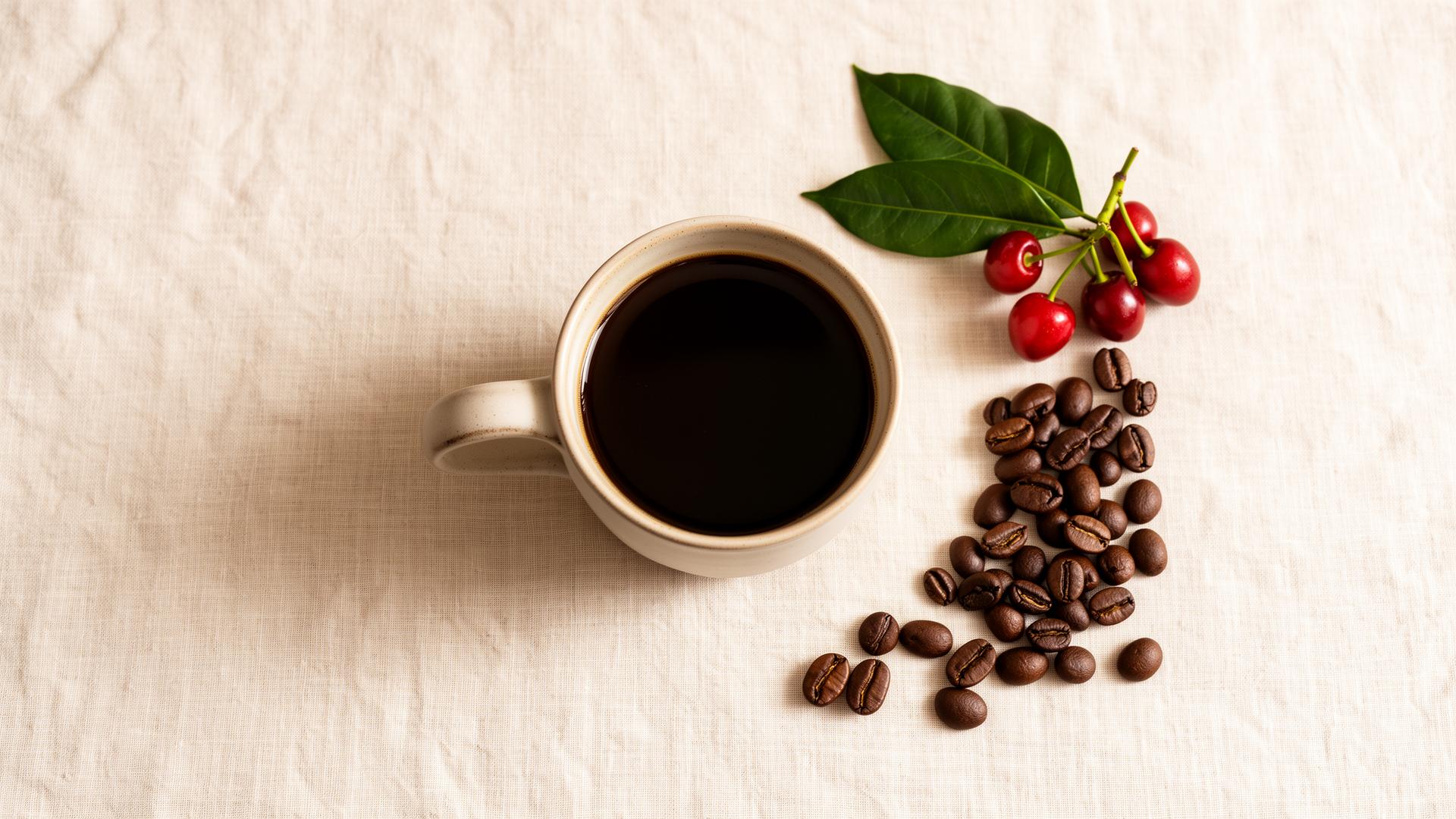 Editorial still life of a cup of black coffee and roasted beans on cream linen